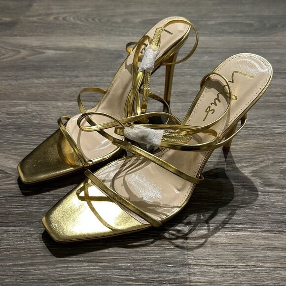 NEW Lulus SZ 9 Gold Sanga Strappy Square Toe Stiletto High Heels Tie Up Metallic - Picture 8 of 11